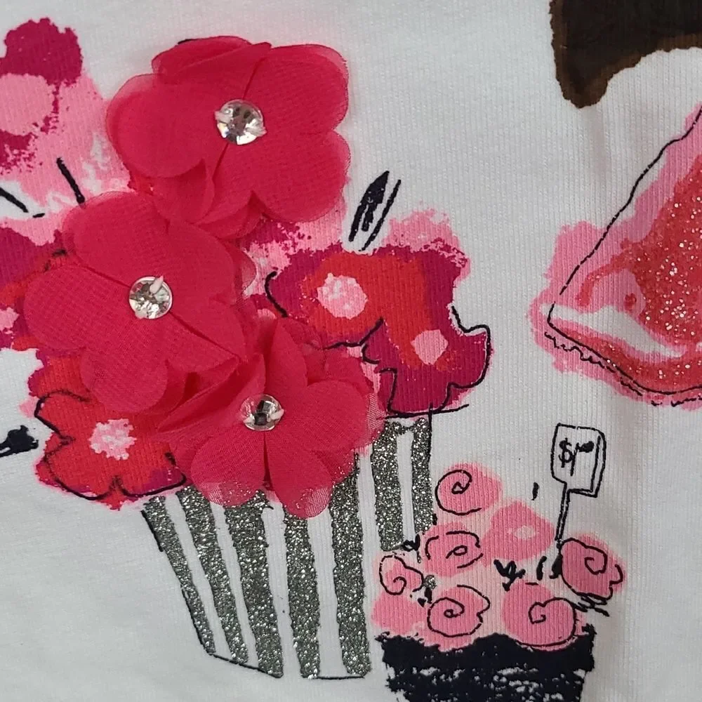 Gymboree Girls 4 White Glitter T-Shirt Top 3D Flowers Cat Rhinestone Sparkle NWT